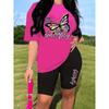 Women's Round-neck Short-sleeved Top with Butterfly Pattern Print, Paired with Shorts. Summer Sportswear.