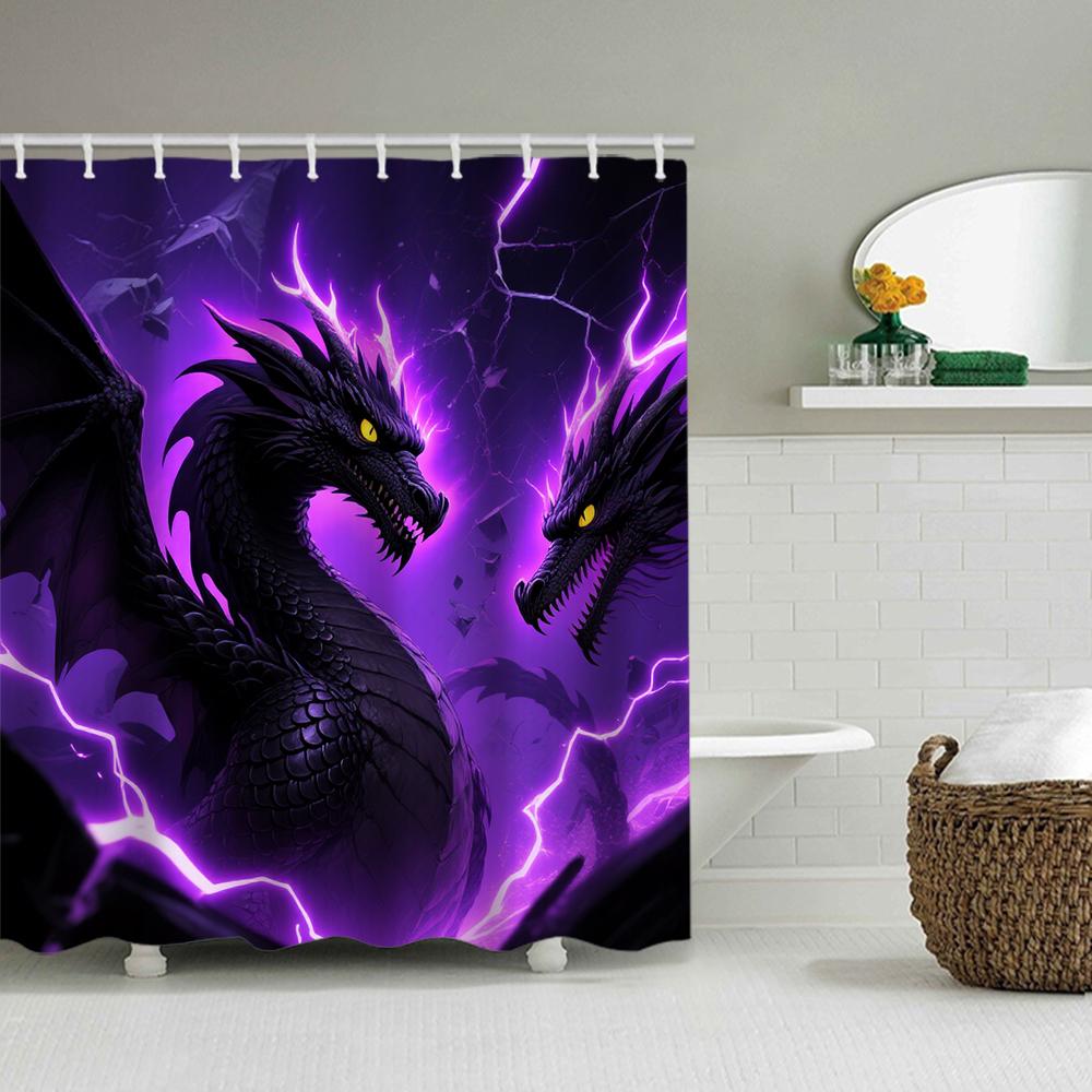 1/4 Double Dragon Head Print Shower Curtains, Toilet Seat Decoration, Shower Curtain with Carpet and Toilet Lid, 70.8x70.8 Inch