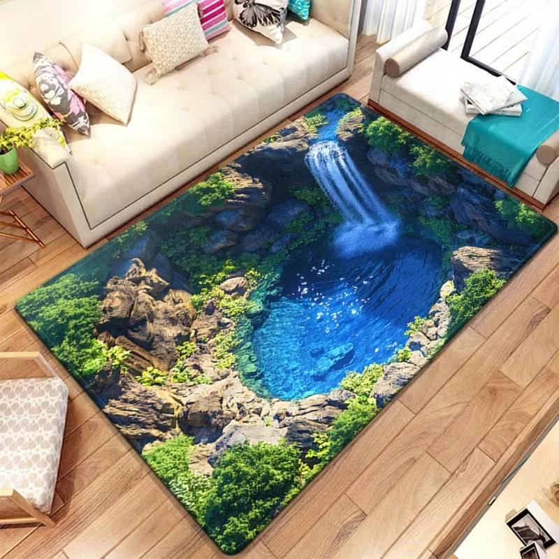 2D Wasserfall Landschaftsbereich Teppich Realistischer Wald Bach Natur Szenerie Fußmatte Weich Rutschfest Heimdekor Teppich für Wohnzimmer