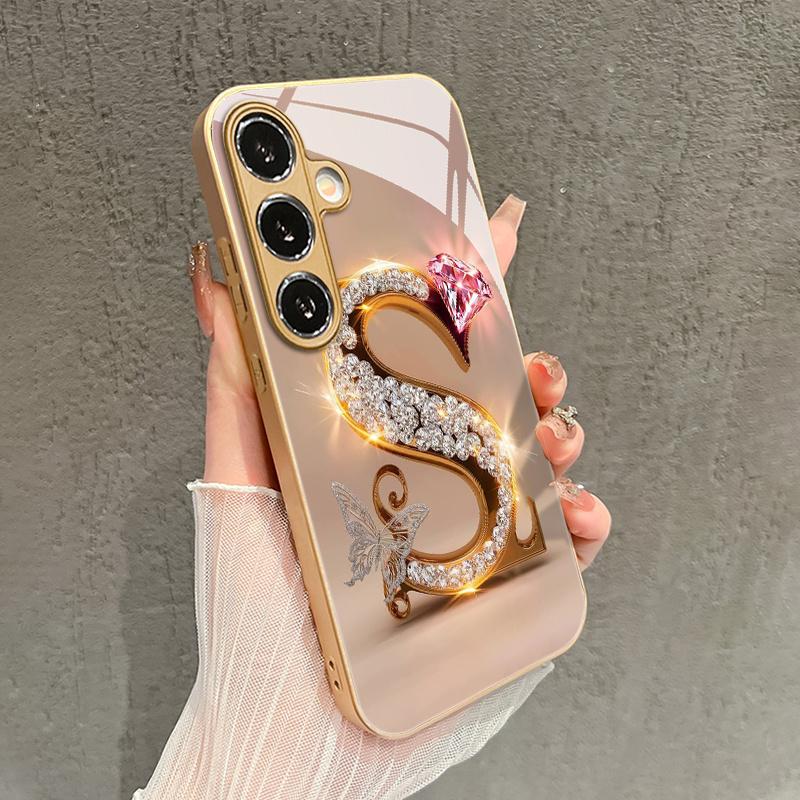 Rosa Diamant Buchstabe S Muster Glas Handyhülle geeignet für Samsung Galaxy S26 S25 S24 S22 S21 S20 FE/Ultra/Plus Anti-Drop