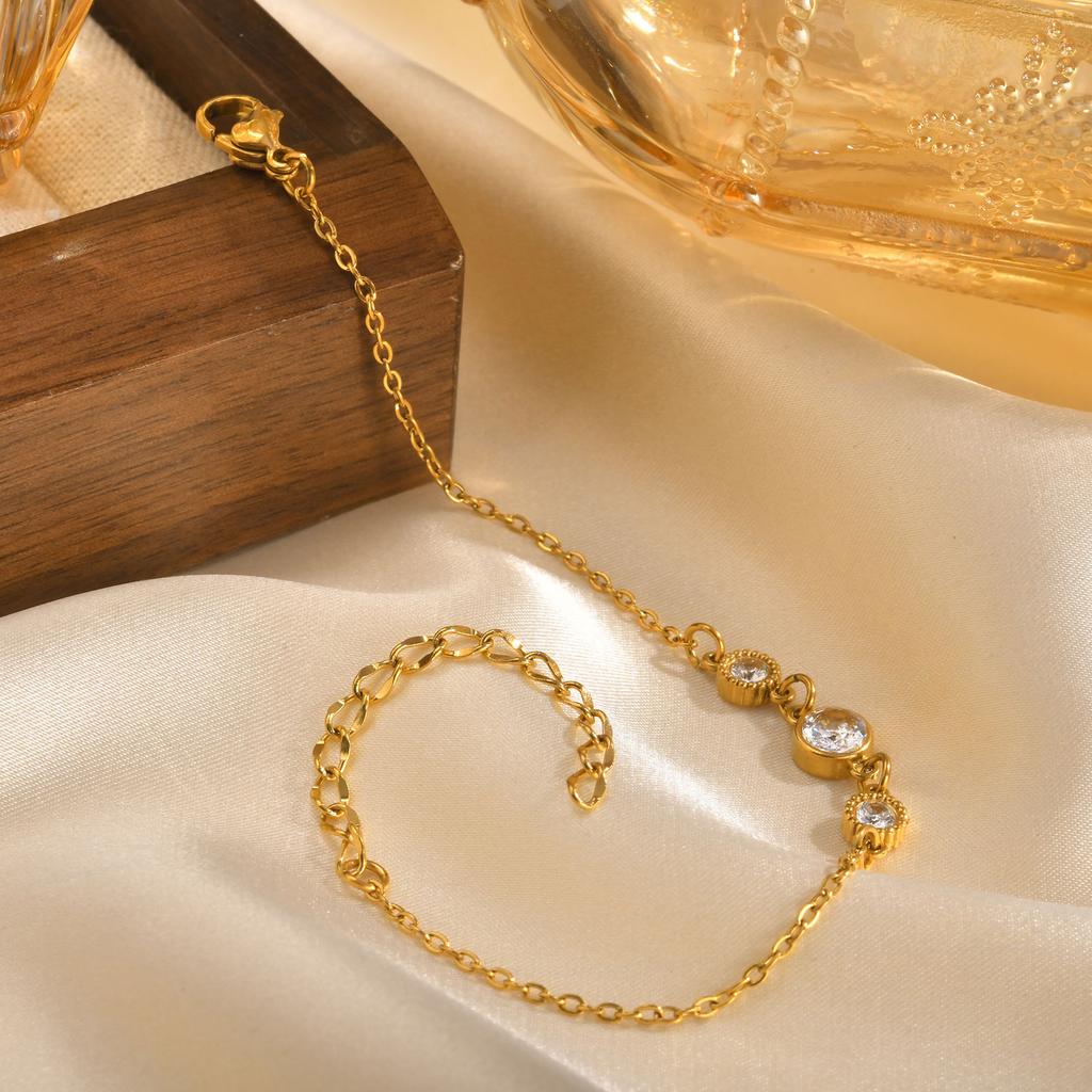 Stainless Steel Three White Zirconia Bracelet Flat Rolo Chain for Women Gold Color Adjustable Engagement Party Trendy Jewelry
