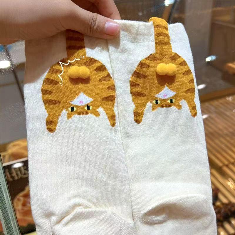 1 Pair Mid-Length Socks Creative Cat Egg Design Funny 3D Pattern Breathable Clothing Accessories Cute Socks Comfortable One Size