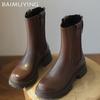 Platformowe Damskie Śniegowce do Kostki Średnie Obcasy Modne Buty Zimowe Skórzane Grube Motocyklowe Botki Trend Projektant Botas Mujer
