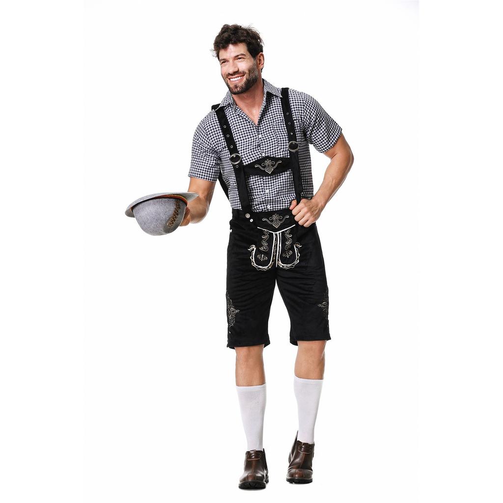 Traditionelle deutsche Bierfestkleidung, kariertes Hemd mit hängendem Hut, dreiteiliges Set