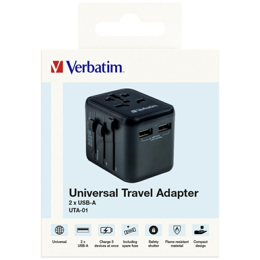 Verbatim Travel Adapter Eu/Uk/Us2Xusb-A Uta-01 Black 49543