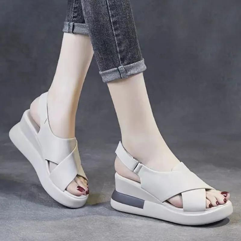 Sponge Cake Thick-soled Wedge-heeled Sandals Women's Summer Outer Wear Back Empty One-word Buckle Sandals and Slippers High-heeled Sandals Women