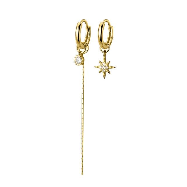 925 Sterling Silver Star Tassel Asymmetric Hoop Earrings for Women Round Disc Gold Earrings CZ Wedding Jewelry S-E1344
