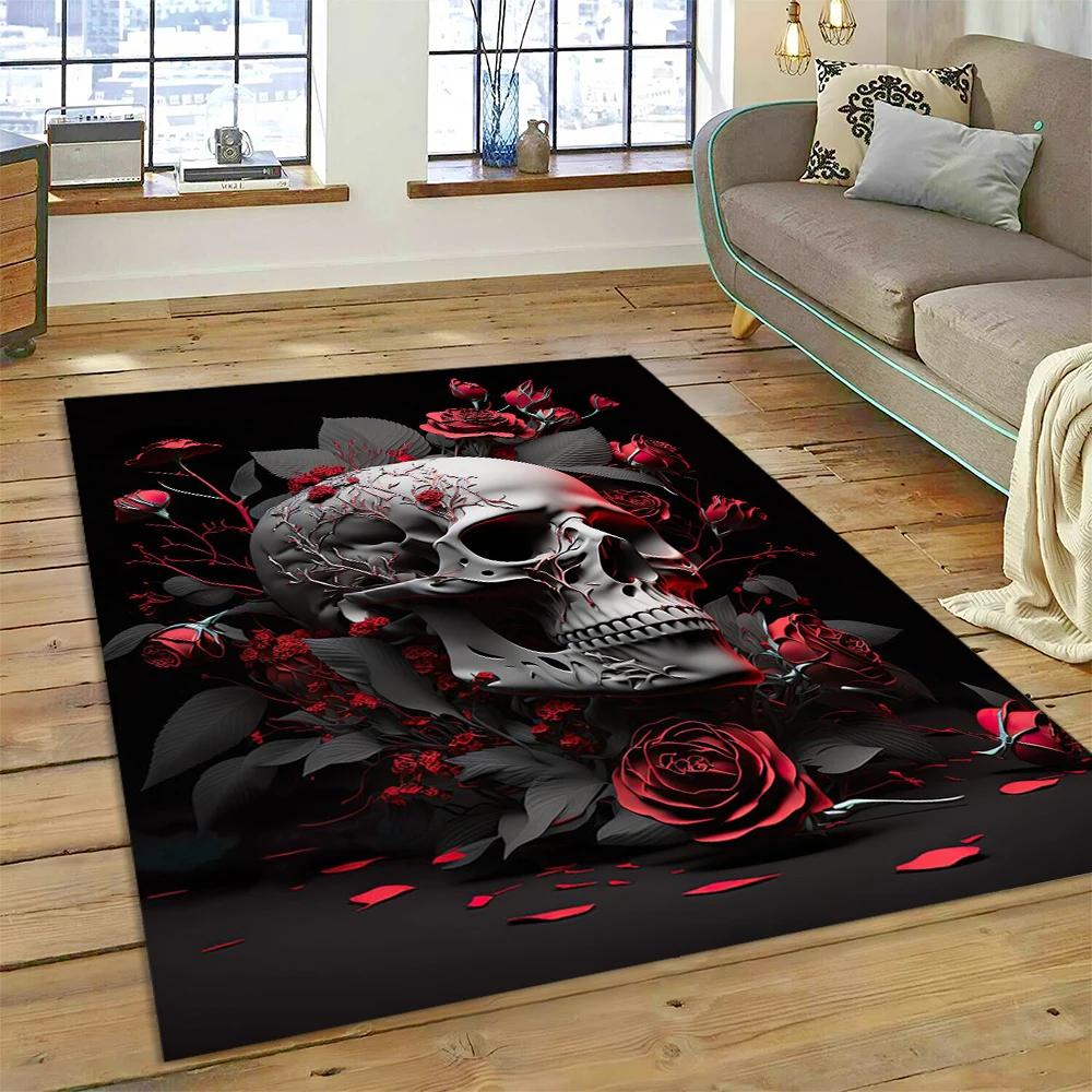 Afschuwelijk Schedel Bloem Gotisch Cartoon Tapijt Vloerkleed voor Huis Woonkamer Slaapkamer Bank Deurmat Decor, Kinderspeelkleed Antislip Vloermat