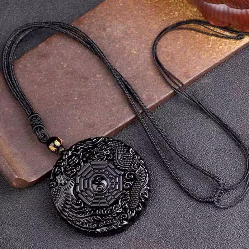 Přírodní černý obsidián ručně vyřezávaný čínský drak Phoenix Bird Amulet Bagua náhrdelník pro ženy Muži Přívěsek s maskotem štěstí