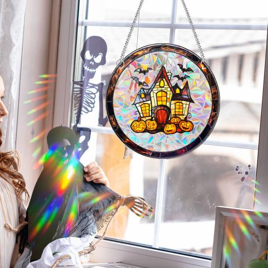 Halloween Suncatcher Hanging Decoration Ghost Pumpkin Witch Black Cat Castle Crow Skull Stained Glass 2D Flat Acrylic Wall Window Hanging Sign