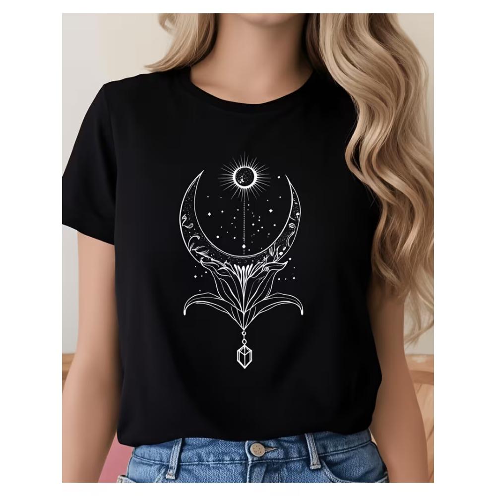 Hemelse Draak Maan Sterren Grafisch T-shirt Dames Ronde Hals Korte Mouw Tee Mystieke Boho Drakenprint voor Dagelijks Gebruik