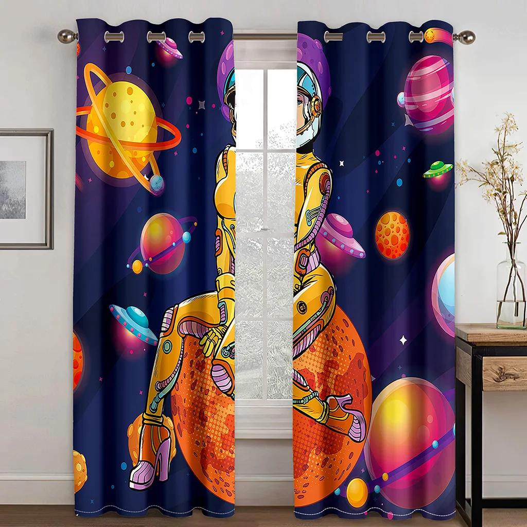 Space Astronauts Planet Cartoon High Shading Drapes Graffiti Colorful Kids 3D Room Darkening Window Drape for The Living Room New Styling
