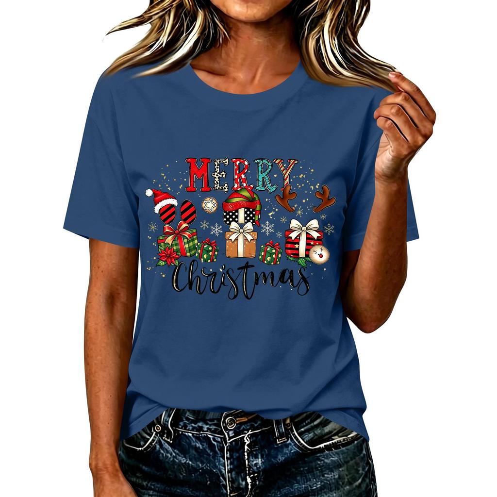 Women's Casual Christmas Printed Short Sleeve T-Shirt with Festive Holiday Design