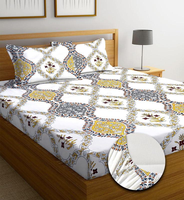 Draps-housse ajustés en coton élastique premium | Taille: Drap plat - 198,12 cm x 182,88 cm + 25,4 cm (Laissez tomber) Housse de coussin - 46 cm x 68 cm