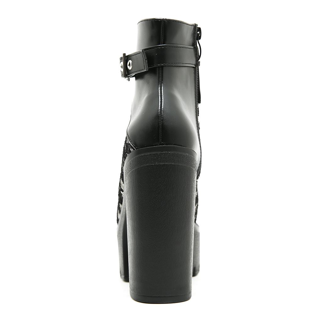 Gdgydh Damen Stiefeletten Schnallenriemen Blockabsätze Plateau Stiefel Schnürstiefel Party Booty Seitlicher Reißverschluss Spitze Blume Weiß Schwarz