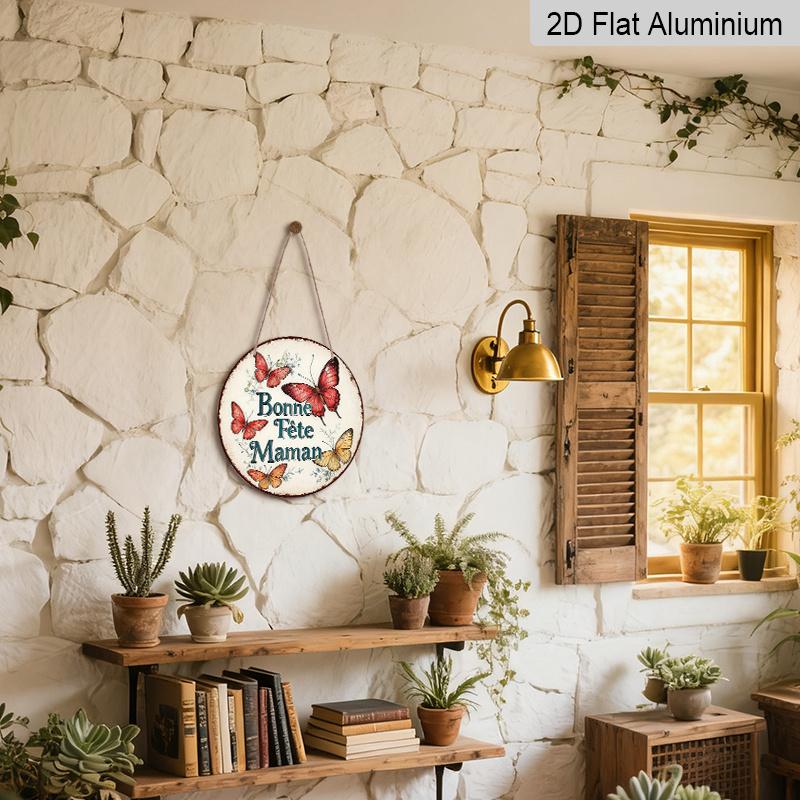 2D Flat, 1pc 7.87x7.87 Inch Round French Aluminum Sign, "Happy Mother's Day" Vintage Decorative Plaque, Butterfly Theme, Suitable for Decorating