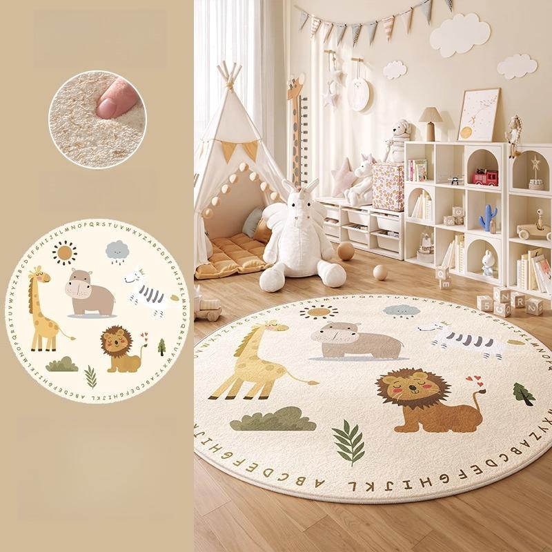 Décoration de Chambre Style Dessin Animé Tapis Rond Motif Animal Tapis pour Salon Épais Peluche Tapis de Sol pour Enfants Moelleux Doux Tapis