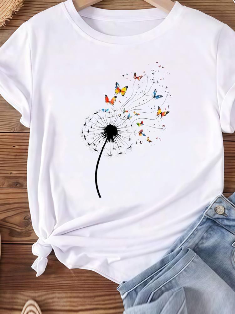 (Asian Size) Women Tee Top Clothing Casual Short Sleeve T Shirt Fashion feather trend 90s  Printed Lady Female Graphic T-shirts