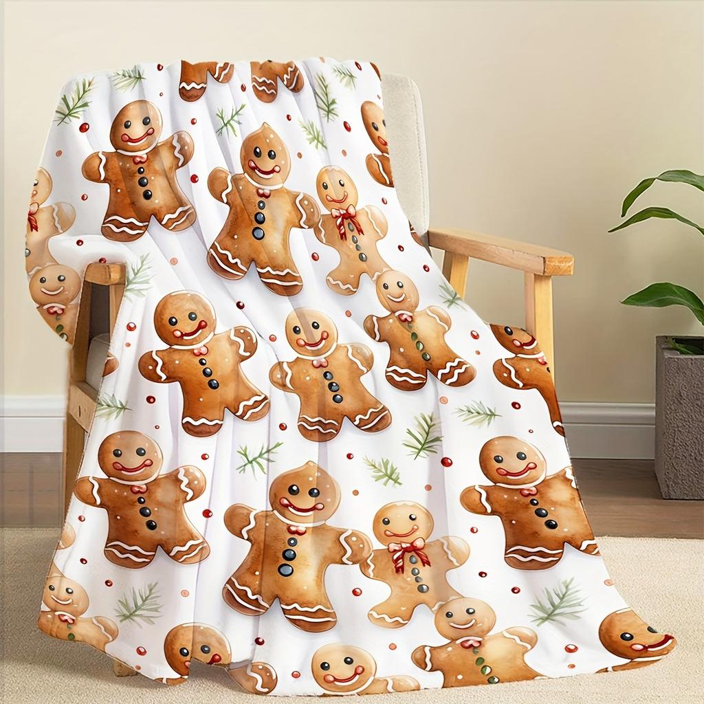 1pc White Cute Gingerbread for Man Snowflake Pattern Soft Printed Blanket Ideal Christmas Gift for Family Members Portable