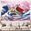 Japanese Neko Riding Shark Tapestry, Ocean Wave Cat Kitten Wall Hanging For Living Room Bedroom Dorm Christmas Decor