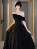 Rich Daughter Feeling Hepburn Style Black One-word Shoulder Dress Temperament Advanced Feeling Waist Banquet Dress Dress Summer