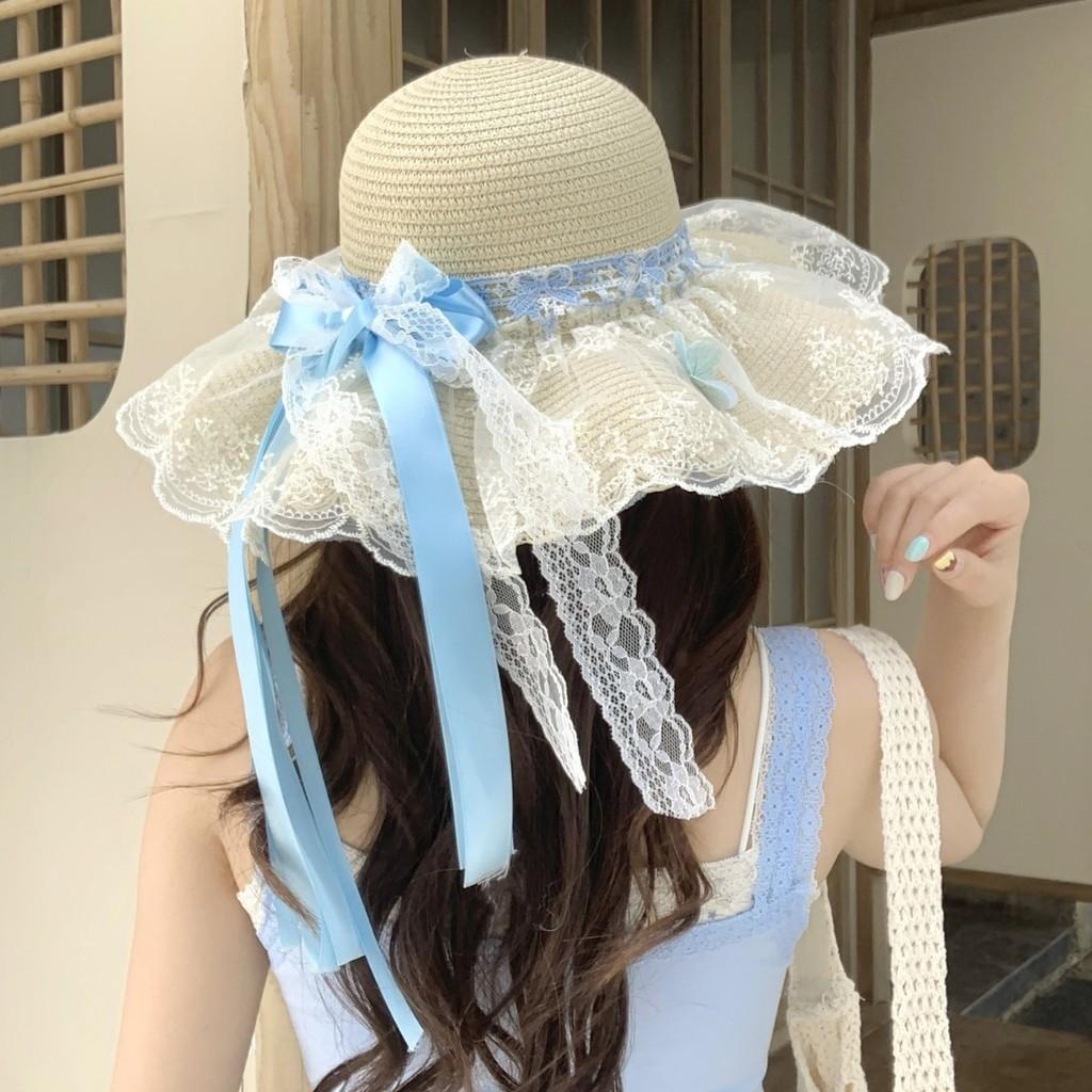 Summer Women Blue Lace Butterfly Bow Sun Hat With Wide Brim For Beach And Vacation