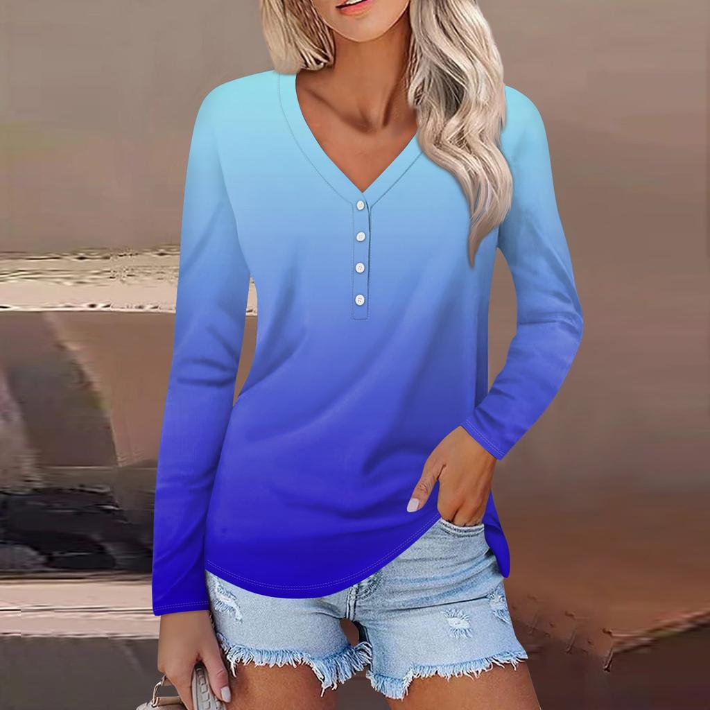 Women's Fashion Casual Long Sleeve Floral Print V-Neck Button Top