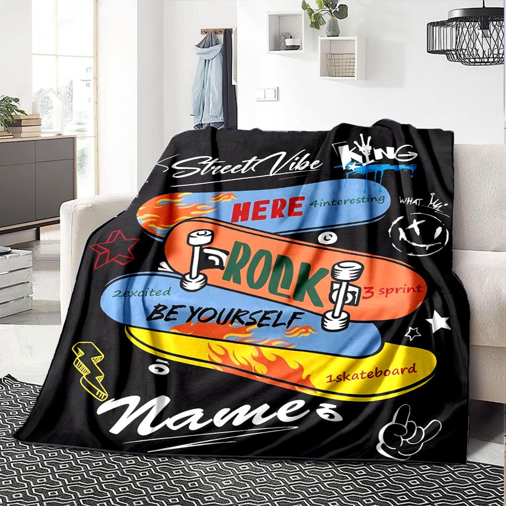 Custom Name Skateboard Theme Printed Blanket - Perfect for Couch, Bed, Travel & Outdoor Use | Machine Washable, Cozy & Durable.
