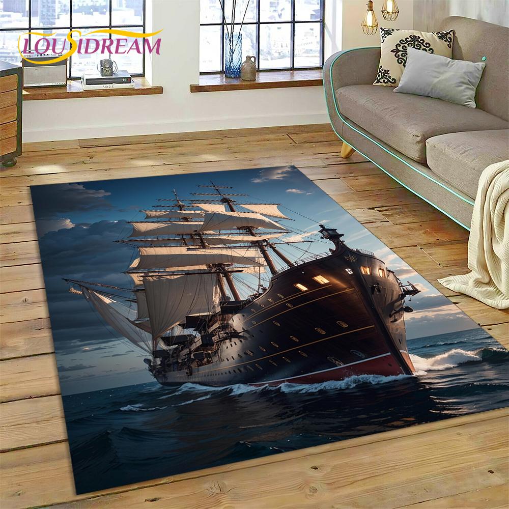 Ancient Pirate Ship Boat,Barque,Sailboa Rug Carpet for Living Room Bedroom Decor,Floor Mat Non-slip Decoration for Sofa Doormat
