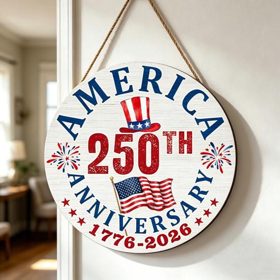 US 250th Anniversary Wooden Door Sign 1776-2026 250 Years of Freedom Patriotic Hanging Sign for 4th of July Independence Day Front Door Home Porch