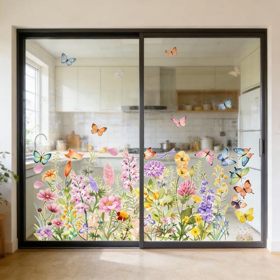 Spring Summer Window Cling Wild Flowers Butterfly Floral Window Decal Self-Adhesive PVC Sticker for Home Party Shop Window Glass