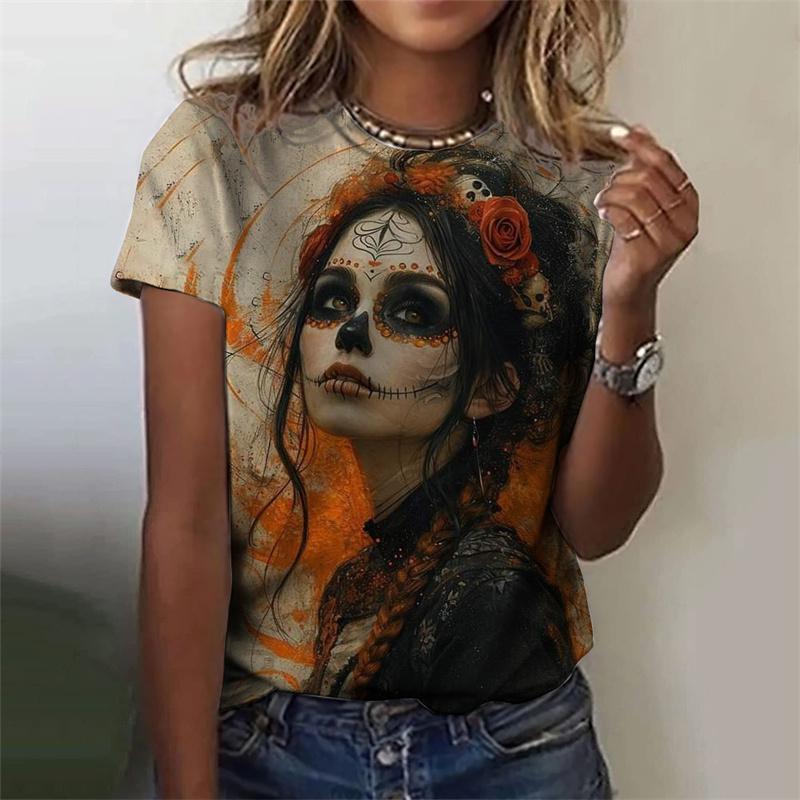 Summer Loose Round Neck Short Sleeved Horror Undead Skull Pattern Women's T-shirt Mysterious Girl 3D Printed T-shirts