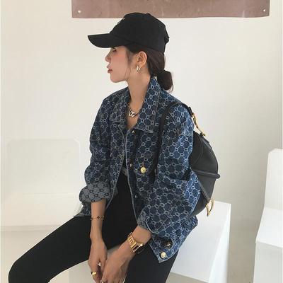 Women's Loose New Stitched POLO Collar Button Casual Jacquard Long Sleeve Denim Jacket