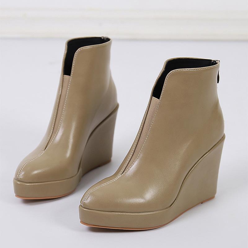 Fashion Women Modern Boots Wedges Heel Platform Casual Zipper Slip On Short Boots Pointed Toe Leather Botines Botas Para Mujer