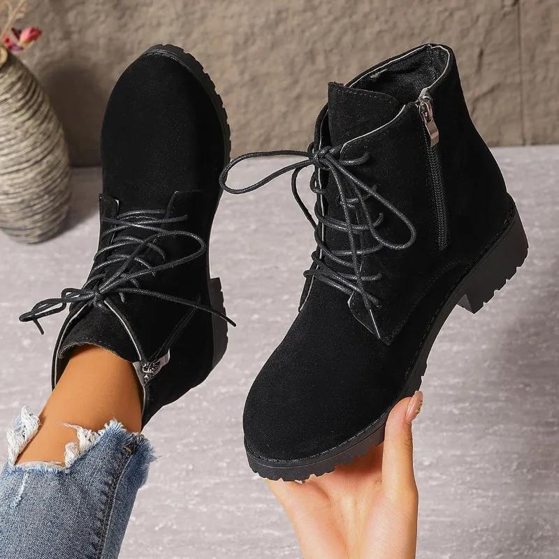 Damenschuhe 2024 Heißer Verkauf Seitlicher Reißverschluss Damenstiefel Winter Runde Zehenpartie Einfarbig Kurzer Schaft Niedrige Absätze Übergröße Stiefel Zapatos De Mujer