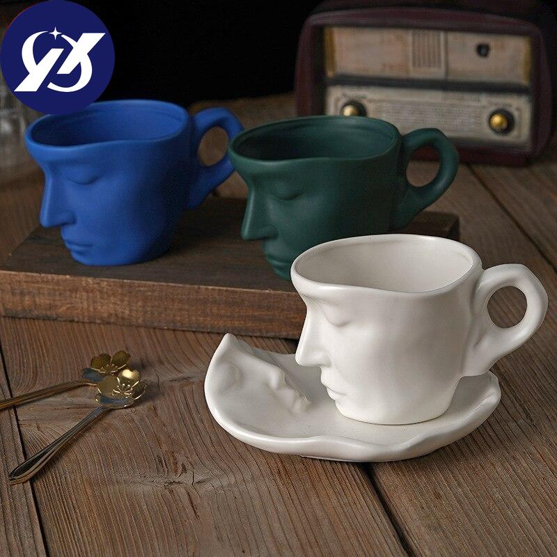 Ceramic Coffee Cup And Saucer Set Creative Abstract Art Design Matte Macaron Colors Afternoon Tea Coffee Mug Kitchen Drinkware