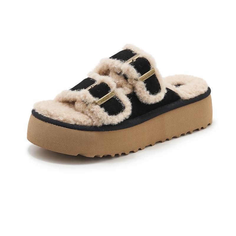 Woman Solid Color Faux Wool Thick Heel Flat Shoes Lady Winter Indoor Open Toe Slippers 2024 Autumn Round Head Flatform Slippers