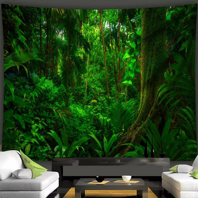 2D Exotic Jungle Tapestry Tropical Forest with Mossy Trees Wall Background Cloth