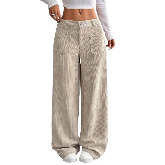Women Pants Low Rise Zipper Button Fly Straight Wide Leg Long Pants with Pockets Solid Color Ribbed Leisure Trousers