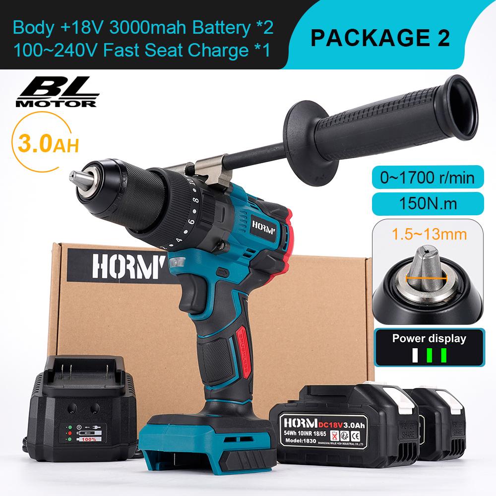 Brushless Electric Hammer Drill Cordless Screwdriver 150N.m 3 In 1 Powerful 2-Speed Impact Drill Tool For Makita 18V Battery