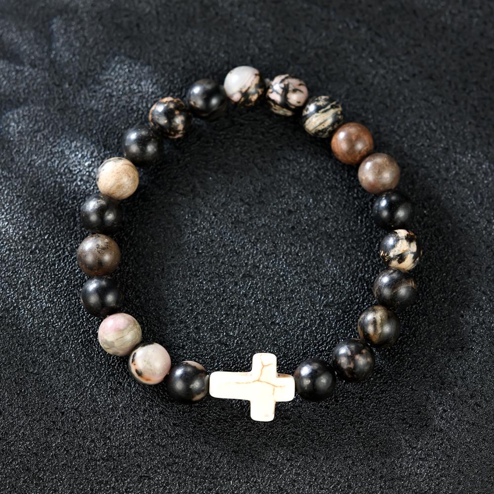 Religieuze kruisarmband voor dames heren natuursteen kralen elastische link gebedsarmband met kaart