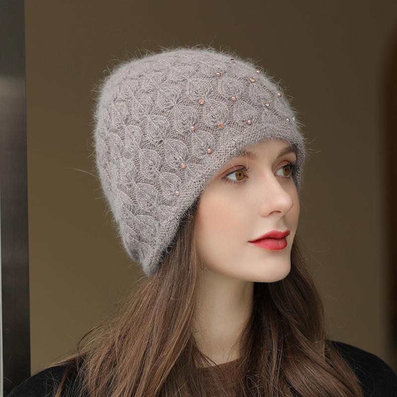 Căciulă Nouă de Iarnă Modă Stradală Amestec Blană de Iepure Căciulă Groasă Caldă pentru Femei Decor Elegant cu Perle Căciulă Tricotată Cadou pentru Doamne KTB