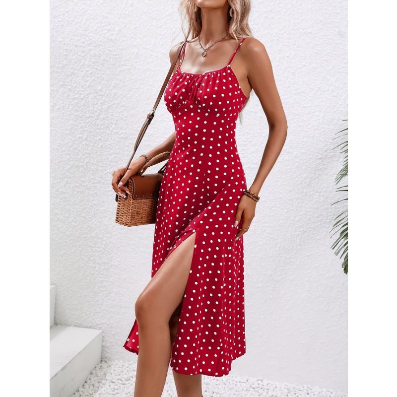 Letní dámské květinové špagetové ramínka Boho plážové šaty s potiskem Elegantní šaty na ramínka Čtvercový výstřih Rozparek Šaty Vestidos