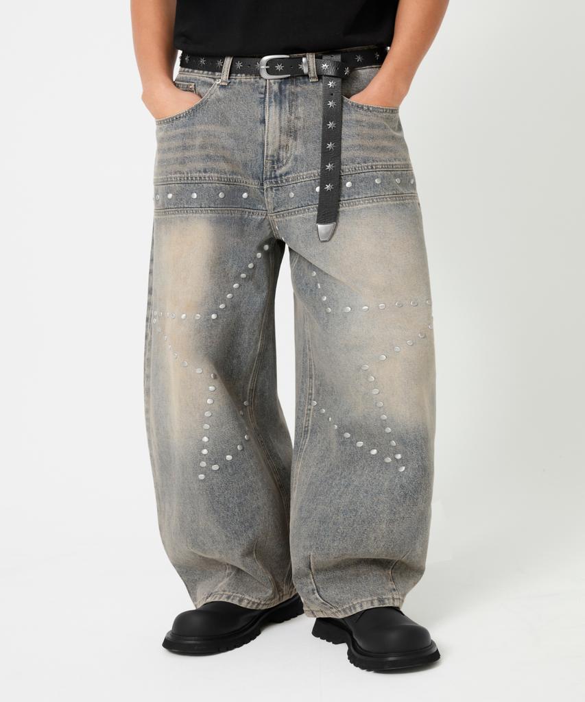 TRILLION Star Hot Fix Balloon Fit Washed Denim Pants_3Color