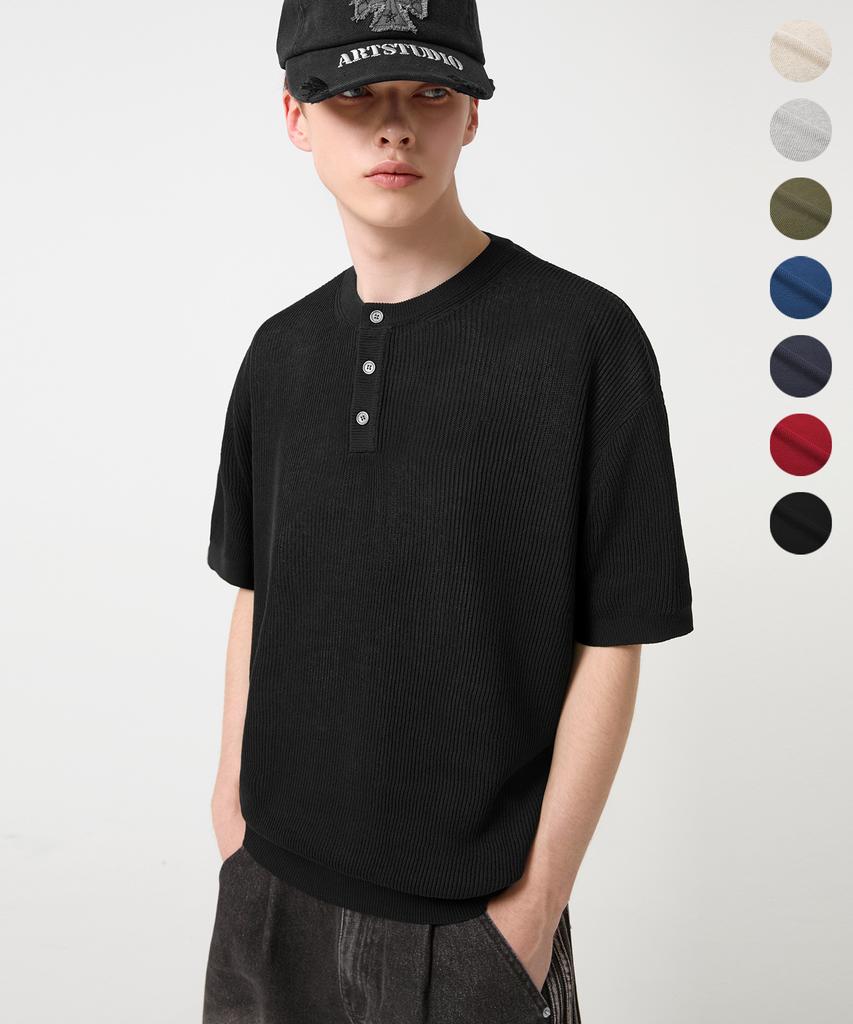 TRILLION Washable Linen Crop Henley Neck Short Sleeve Knit_7Color (C Type)