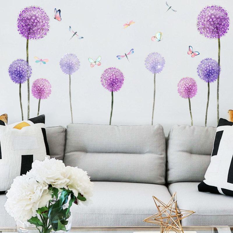 Wand Heimdekorationsaufkleber Lila Löwenzahn Schmetterlingsmuster Wandaufkleber für Wohnzimmer Sofa