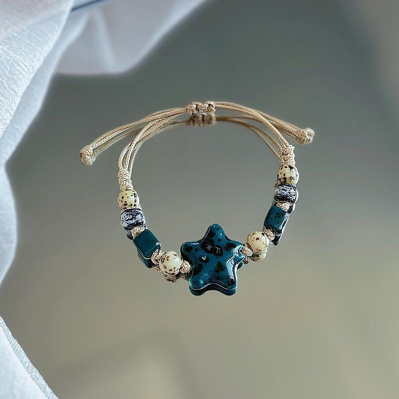 China Ethnic Retro Jingdezhen Ceramic Star Round Bead Rope Chain Bracelet for Women Friendship Charm Jewelry Accessories Gifts