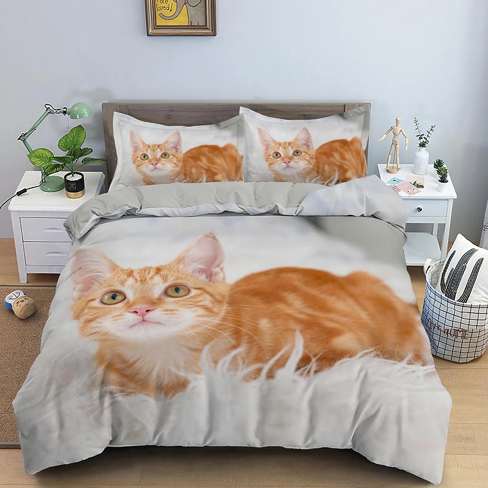 Parure de lit à motif animal 3D, ensemble de literie à motif de chat mignon, housse de couette en polyester, taille King, Twin, simple, textile pour la maison, chaton