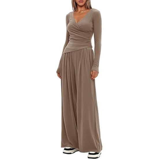 Dam 2-delade loungewearset V-ringad långärmad topp och vida byxor Set Vår Höst Casual Outfits