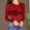See-through Mesh Bottoming Tops Women O-Neck Long Sleeve Slim Fit Shirt Sexy Clear Sun Protection Gauze Tops